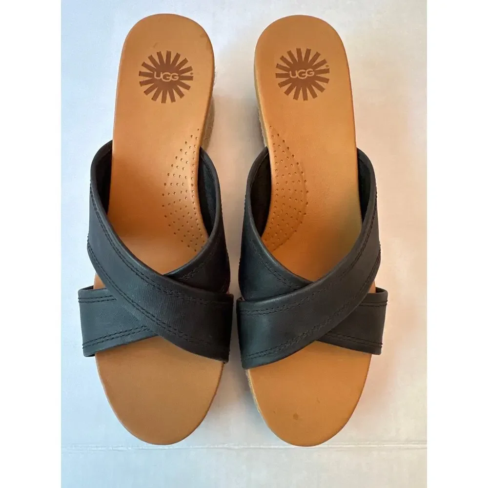 UGG Gwyn NWOT Black Leather Crisscross Espadrille Wedge Sandals Slides Size 10